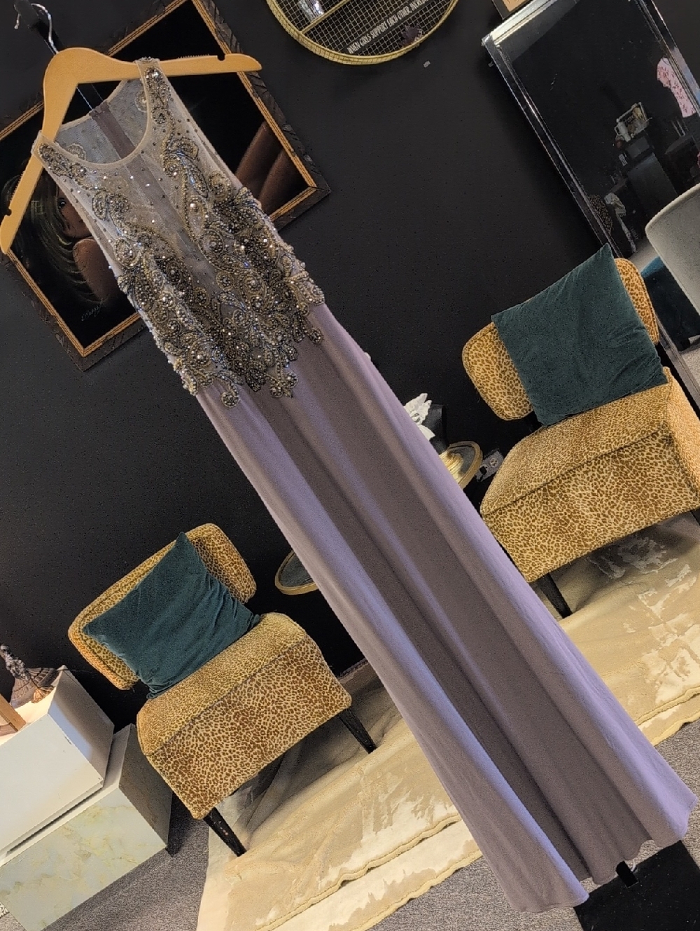 Dancing Queen Gray Maxi Gown with Gold Beaded Bodice